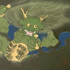 神坂雪佳　木版画　雷神